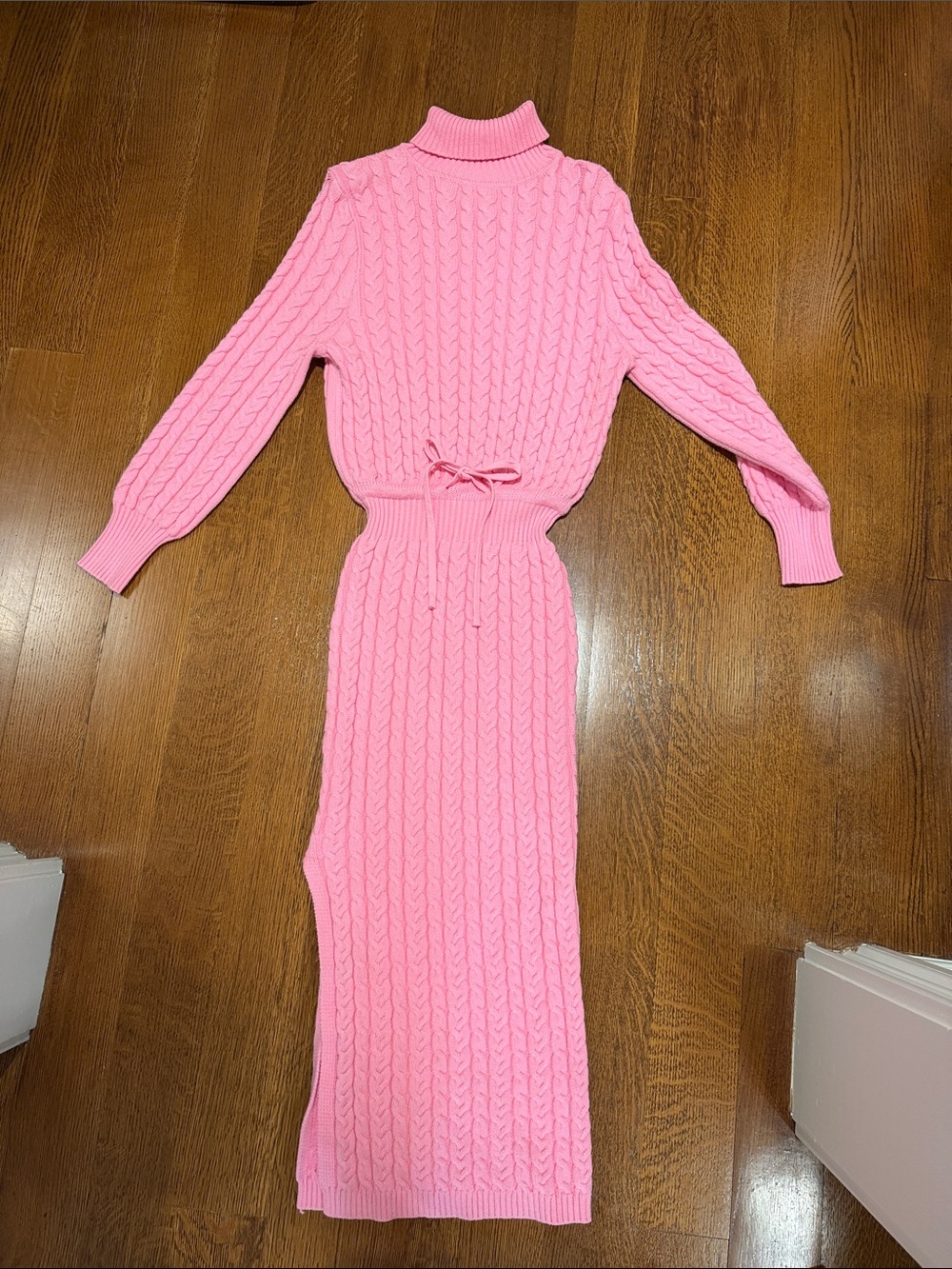 Cable-Knit Pink Turtleneck Sweater Dress with Drawstring Waist SMALL